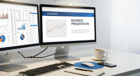 Two computer monitors displaying business graphs and presentation on a clean white office desk