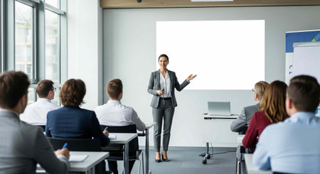 Female executive speaking to audience in professional attire in front of projector screen