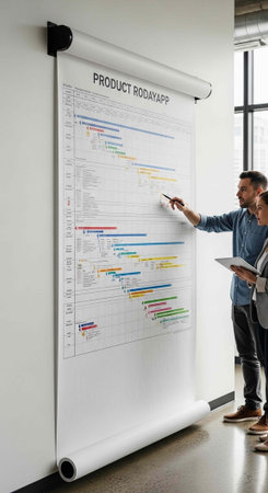 Men in office discussing colorful product timeline on big whiteboard scroll with text and graphs