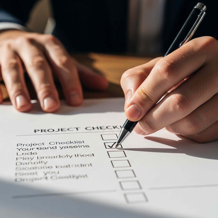 Close-up of hands holding pen and checking boxes on project checklist document
