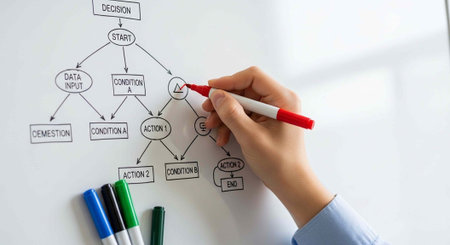 Hand drawing flowchart with marker on whiteboard with colored markers below