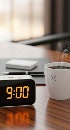A digital alarm clock, steaming coffee mug, and notebook on a wooden desk in a bright room