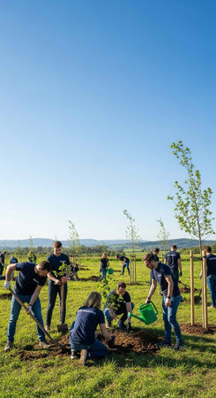 Group of people in blue shirts planting trees in a grassy field on a sunny day