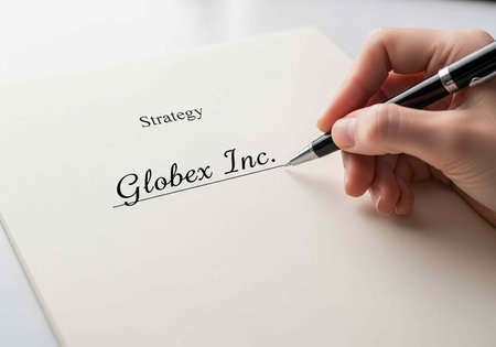 Hand holding pen writing business strategy on white paper