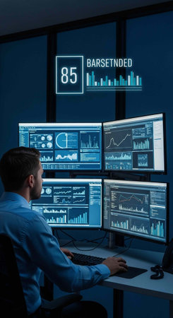 Man in blue shirt sitting at desk with four computer monitors displaying various graphs and charts