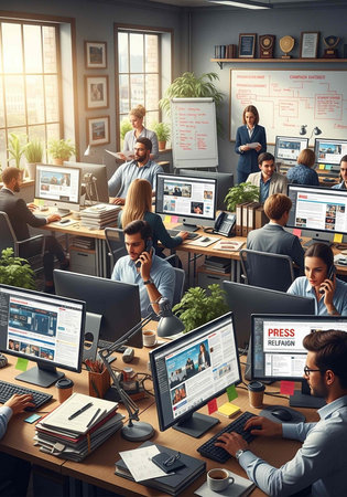 Office workers engaged in tasks, using computers, and interacting with colleagues in a bright,...