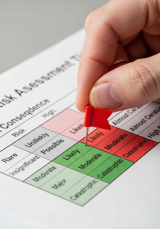 Close-up of hand with red flag on risk assessment chart with green, red, and pink zonesの写真素材