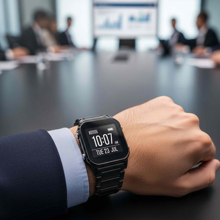 A man's hand with a smartwatch on the wrist in a conference room with people in the background