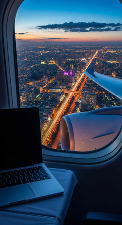 City lights shine brightly below airplane window with laptop on tray table at sunset
