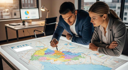 Two colleagues in business attire examining a large map with various colored sections in an office