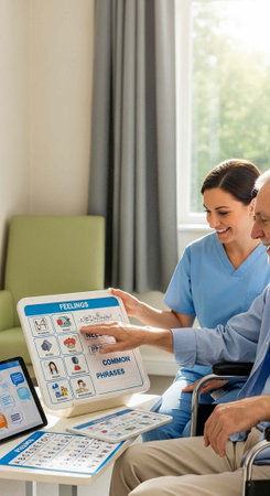 A young nurse assisting an elderly man in a wheelchair using a communication board in a bright room