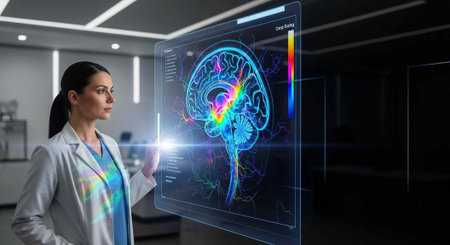 A female scientist in a lab coat examining a futuristic holographic brain scan in a modern...