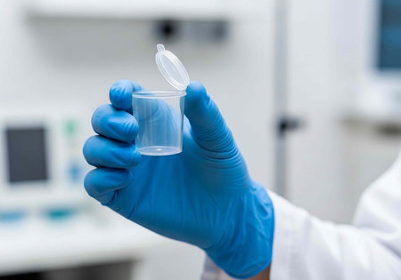 A gloved hand holding a small clear plastic container in a laboratory setting with white background