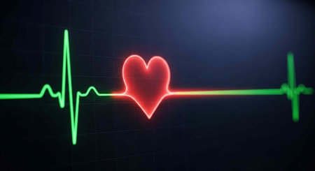 A glowing red heart symbol connected to a green electrocardiogram line on a dark backgroundの写真素材