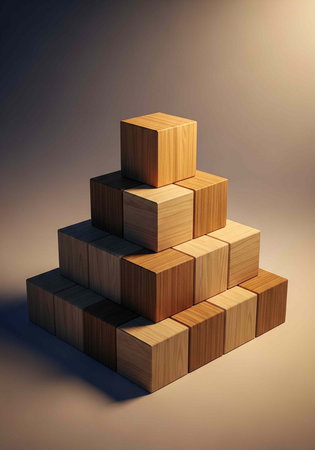A stack of wooden blocks forming a pyramid shape on a plain background