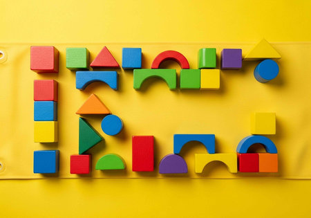 A vibrant assortment of colorful wooden blocks arranged on a bright yellow background for creative...