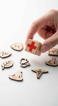 A hand holding a wooden block with a red cross symbol for medical care and health services.