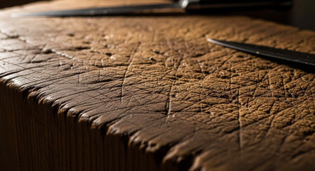 A close-up view of a worn leather surface with visible scratches and texture