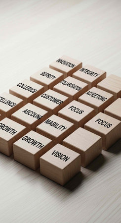 A collection of wooden blocks with motivational business words on a clean desk surface