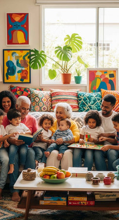 A multi-generational family sits together on a colorful couch in a cozy living room with vibrant...