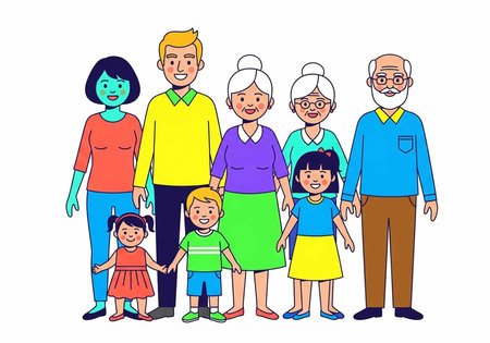 A diverse multigenerational family stands together smiling in a colorful illustration