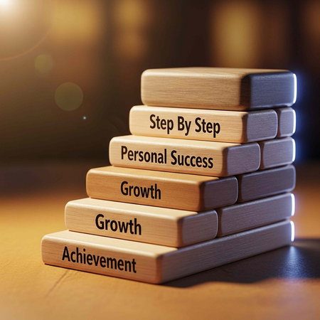 A stack of wooden blocks with motivational words for personal growth and success