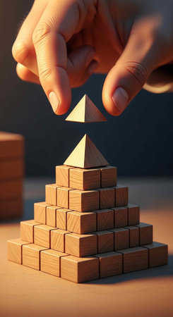 A hand building a pyramid structure with wooden blocks on a table