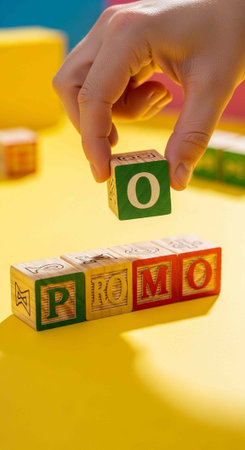 A hand placing a wooden block with a letter on a colorful table with other blocks