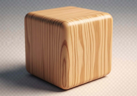 A light-colored wooden cube with a smooth finish and visible wood grain pattern on a gray background