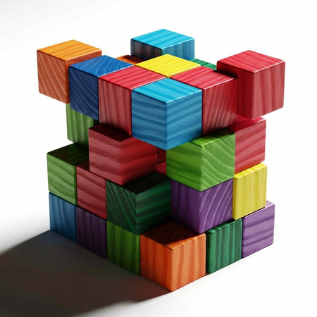 A stack of colorful wooden blocks on a white background