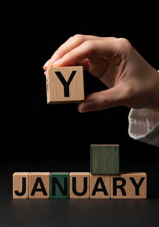 A hand holding a wooden block with the letter Y above the word Januaryの写真素材