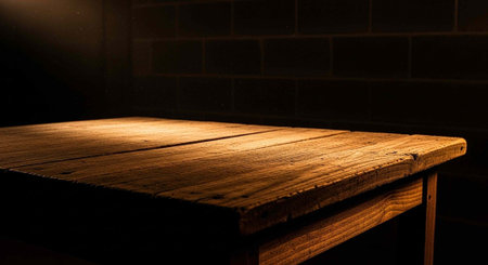 A wooden table with a warm spotlight shining on it in a dark room with a brick wall
