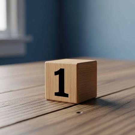 A single wooden block with the number one on it sits on a wooden table in a room