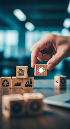 A hand placing a wooden block with a sun symbol on top of other blocks with eco-friendly icons