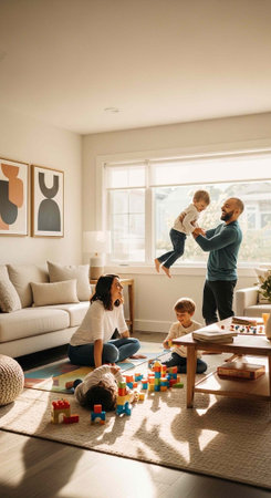 A happy family of four playing together in a bright and modern living room with toys on the floor