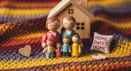 A happy family of wooden figurines standing together in front of their cozy home on a colorful blanketの写真素材