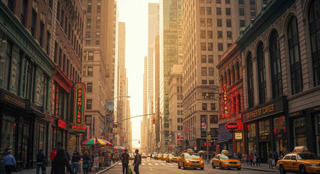 A bustling city street with tall buildings and yellow taxis at sunset in a vibrant urban landscape