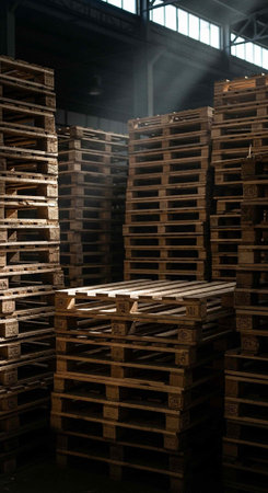 Stacks of wooden pallets in a dimly lit warehouse with natural light shining through windowsの写真素材