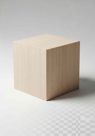 A light-colored wooden cube sitting on a white surface with a subtle shadowの写真素材