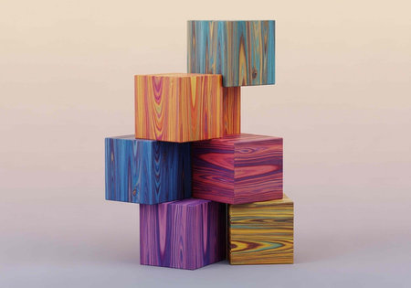 A stack of colorful wooden blocks on a plain backgroundの写真素材