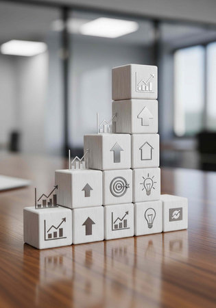 A stack of white cubes with business and growth symbols on a wooden table in an office setting