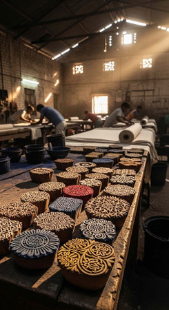 A bustling workshop with artisans creating traditional block printed fabrics and colorful designs
