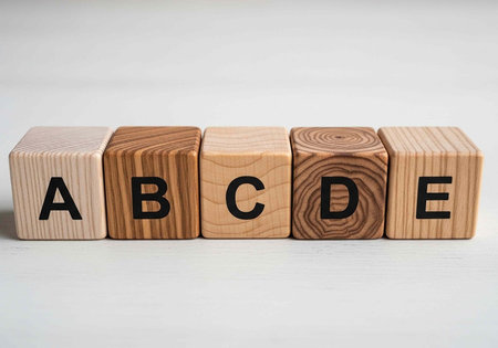 A set of wooden blocks with letters on them arranged in a row on a white surface