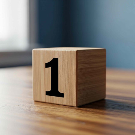 A single wooden block with the number one on it sits on a table in a room