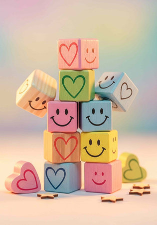 A stack of colorful wooden blocks with smiley faces and hearts on them, arranged in a playful tower