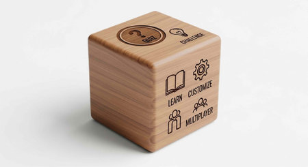 A wooden cube with educational icons and text on a white backgroundの写真素材