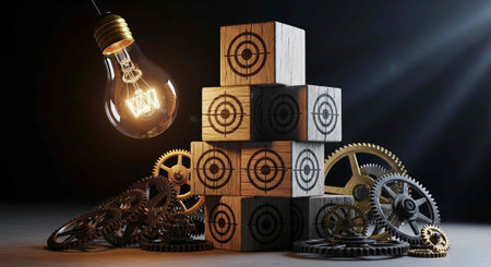 A stack of wooden blocks with targets and gears with a lightbulb above them on a dark background