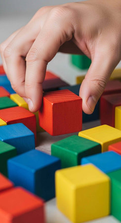 A hand placing a red block among many colorful blocks on a tableの写真素材