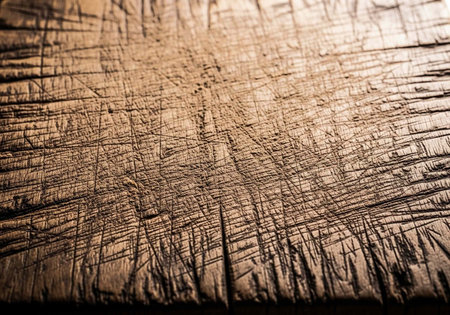 A close-up view of a scratched and weathered wooden surface with a warm, earthy tone and texture