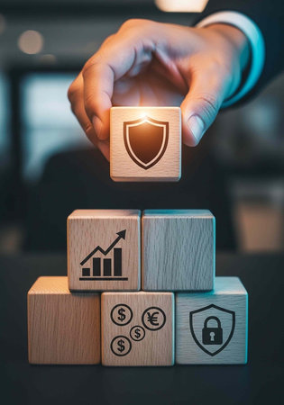 A hand holding a wooden block with a shield icon above a stack of blocks with financial and security...